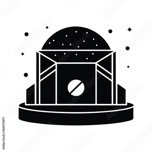Vector art of stylized black and illustration of a rocket launchpad with a domed structure and stars, symbolizing space exploration and cosmic discovery