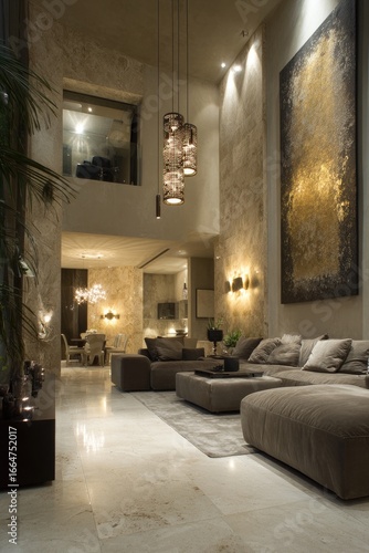 Modern, spacious living room with high ceilings