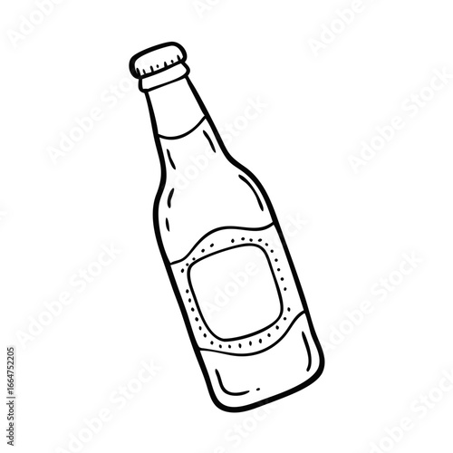 Outline of glass beer bottle with label. Vector hand-drawn doodle illustration