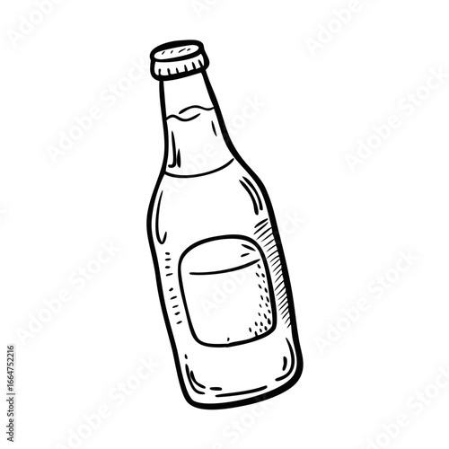 Outline of glass beer bottle with label. Vector hand-drawn doodle illustration