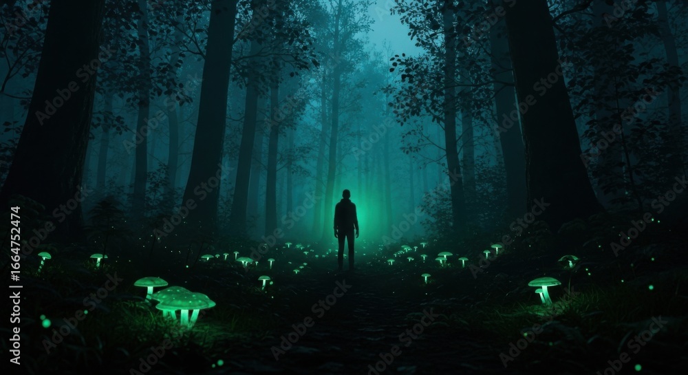 Fototapeta premium Mysterious Person Standing in Glowing Forest at Night with Bioluminescent Mushrooms
