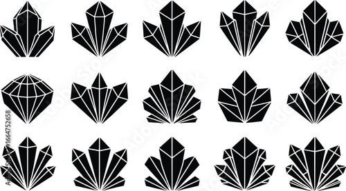 Collection of black crystal icons and symbols for design