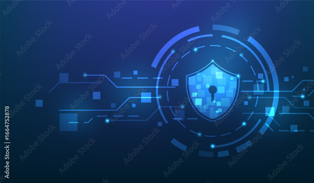 Obraz premium cyber security shield lock protection digital technology on blue background