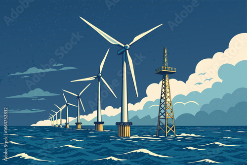Offshore wind farm with multiple turbines in the ocean.
