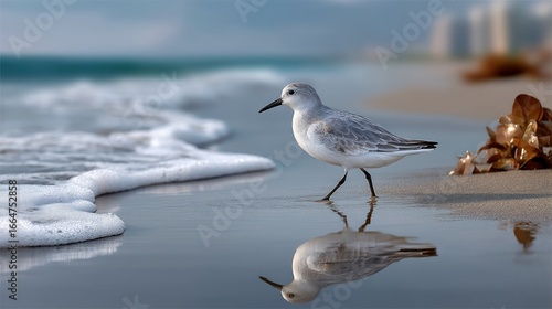 Fototapeta Naklejka Na Ścianę i Meble -  Shorebird on beach, calm waves