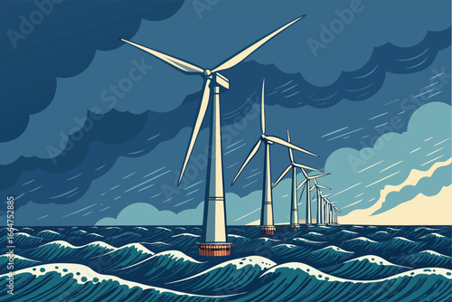 Offshore wind farm with multiple turbines in the sea.