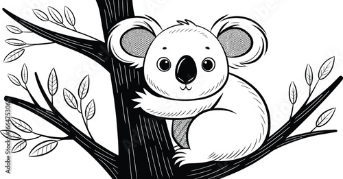 Cute hand drawn koala sitting in a eucalyptus tree branch