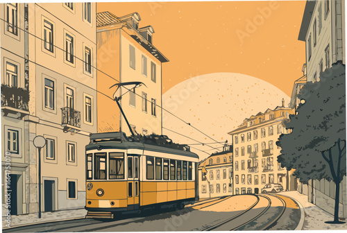 Boldly outlined old tram on a European city street.
