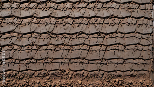 Top-down macro of a tractor tread imprint in wet soil with water reflections
