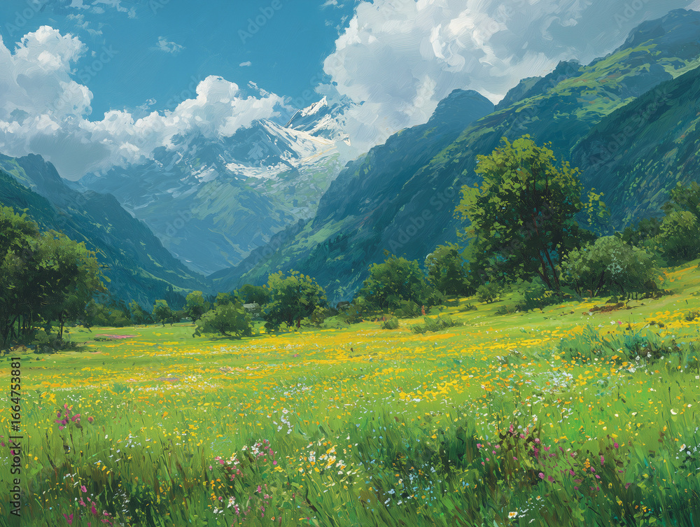 Fototapeta premium Sunny meadow in Swiss Alps with blooming wildflowers