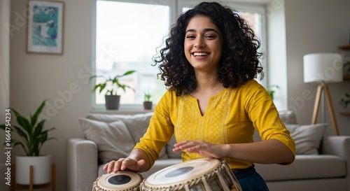 Smiling woman plays tabla drums in a bright modern living room