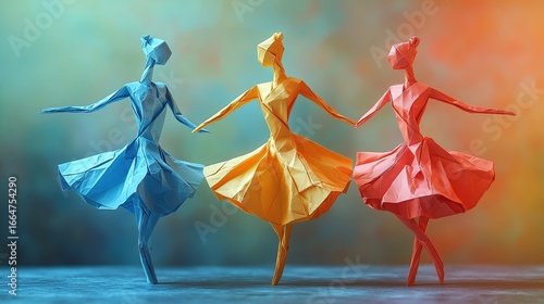 Three vibrant origami dancers in blue orange and red paper dresses holding hands gracefully performing synchronized ballet movements on a textured surface with colorful soft background