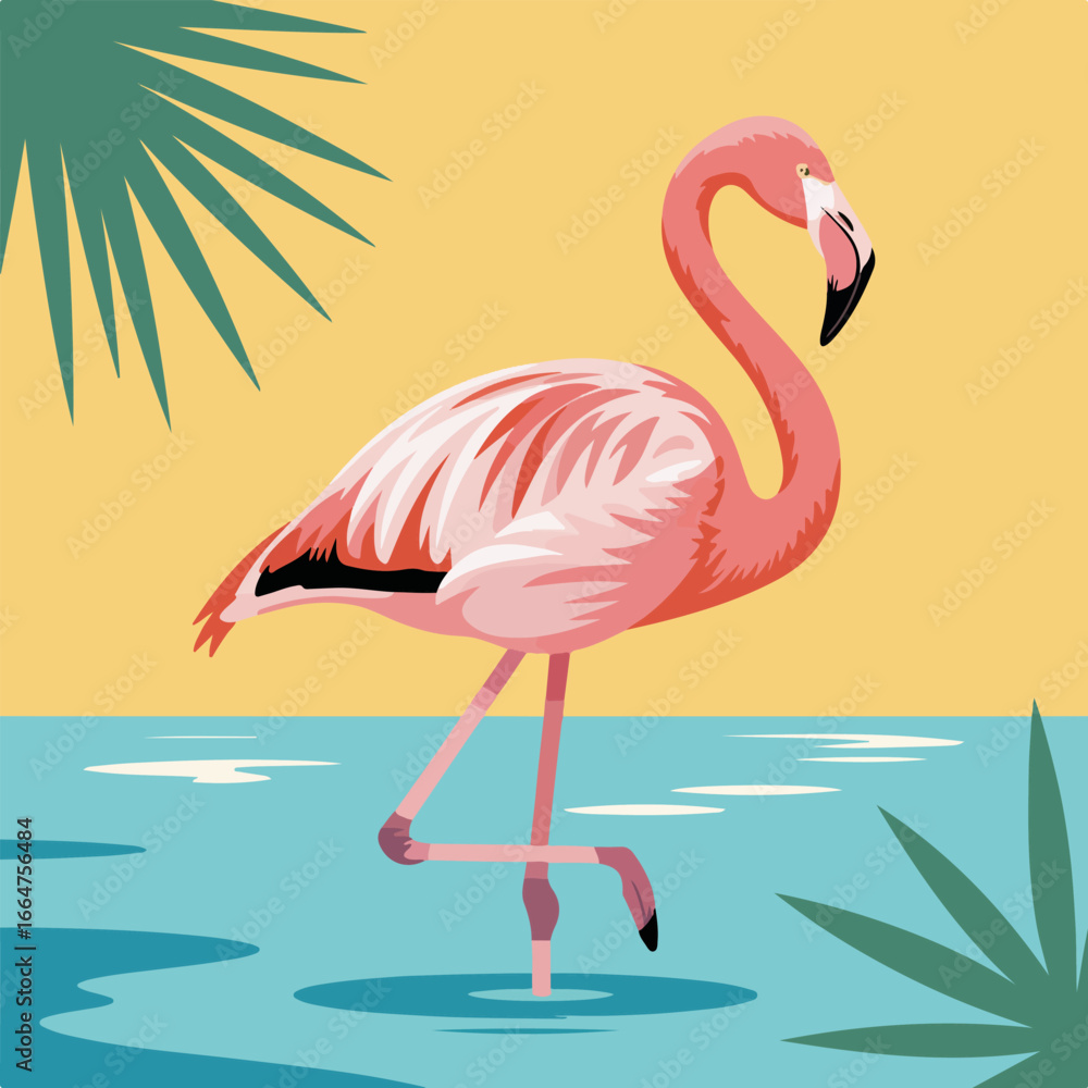 Fototapeta premium Pink flamingo standing in tropical water vector illustration
