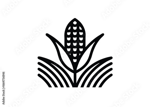 Vector art of simple black and icon representing a corn cob with leaves, symbolizing agriculture and harvest