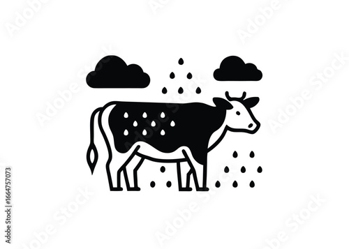 Vector art of a black and icon of a cow standing in the rain with clouds above, symbolizing agricultural weather or farm conditions