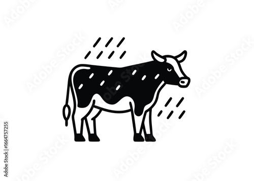 Vector art of a black and icon of a cow standing in the rain, representing farm life, agriculture, and weather conditions