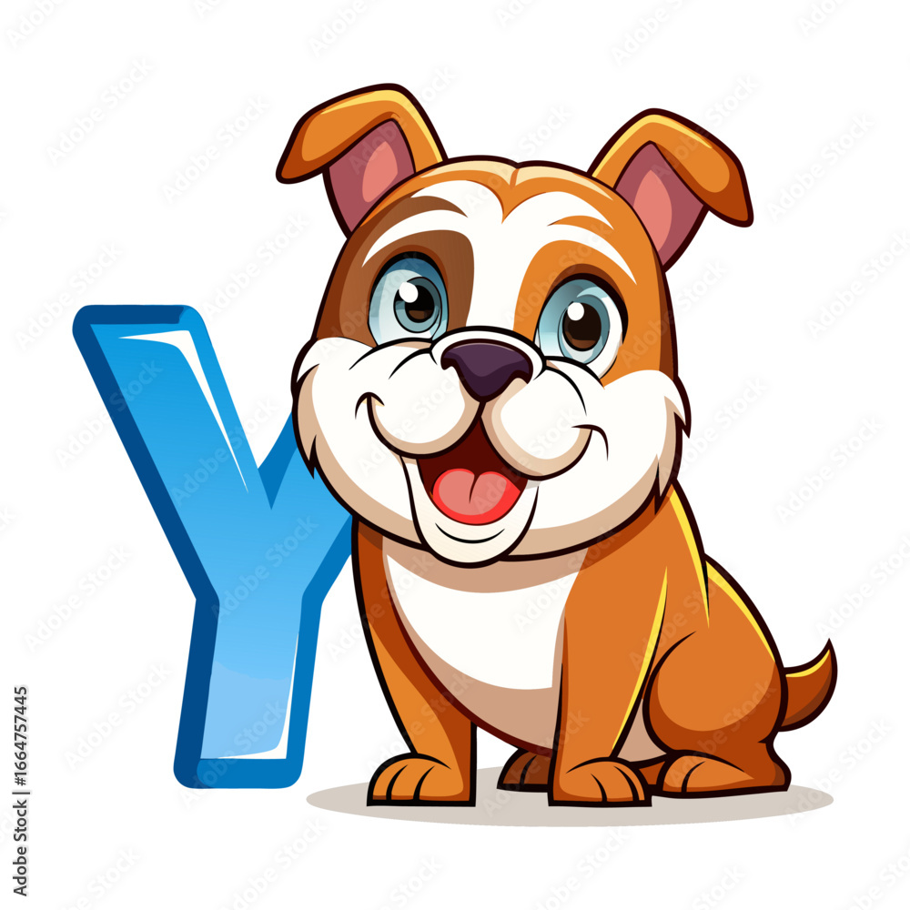 Fototapeta premium Playful Bulldog Character with Big Alphabet Y Illustration – Cute Animal Vector for Children Book, Preschool Learning, Alphabet Art Design
