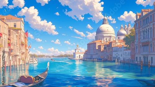 イタリア、ヴェネツィアの運河とゴンドラの風景イラスト