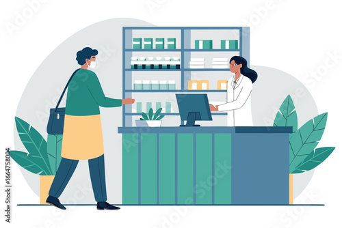 Pharmacy interior with stocked shelves and a pharmacist.