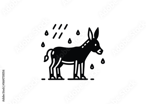 Vector art of stylized black icon of a donkey in the rain a with diagonal lines and drops