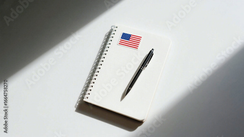 Notebook with American flag sticker and sleek pen, perfect for patriotic notes, planning, or creative writing projects.