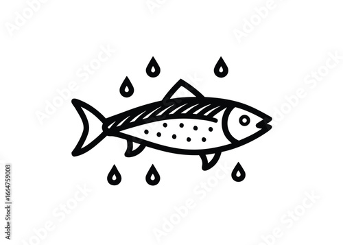Vector art of stylized fish icon with water drops, representing aquatic life and freshness