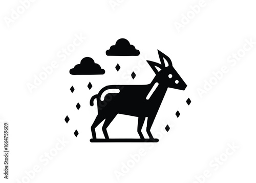 Vector art of silhouette of an antelope or gazelle standing under a stormy sky with rain and clouds, representing resilience and survival