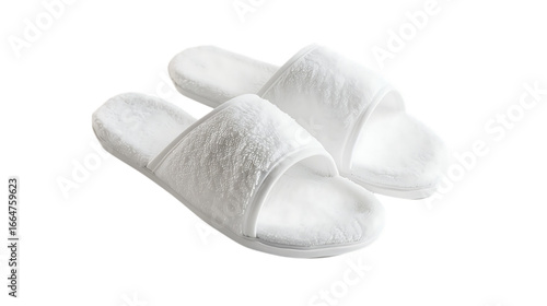 Illustration of a pair of white fluffy slippers isolated on transparent background, perfect for relaxing at home, in a hotel, or at the spa, offering comfort and style for your feet