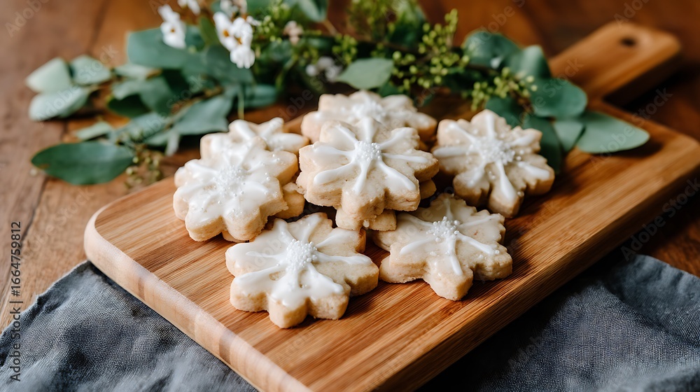 Naklejka premium Delicious Snowflake Cookies with Icing on a Wooden Board Surrounded by Greenery