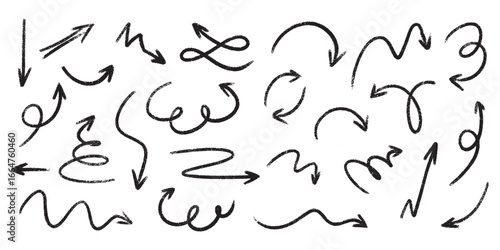 Hand drawn arrow set with crayon texture - curved and straight, spiral and wavy directional pointers for navigation or infographic design. Black sketchy marks on white bg for web and print projects.