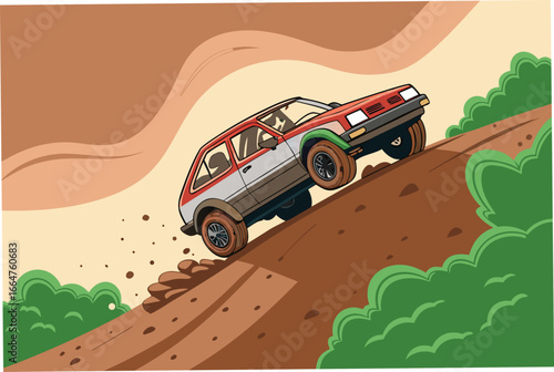 Boldly outlined rally car leaps over a dirt mound.