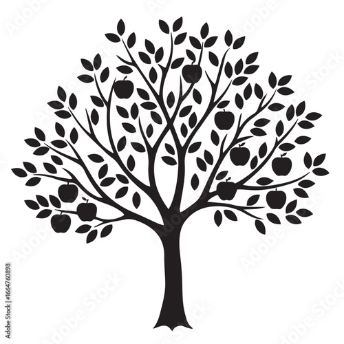 Silhouette of an apple tree laden with fruit on a white background apples
