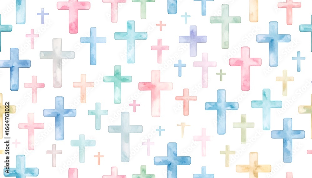 Naklejka premium A cheerful, colorful pattern features numerous watercolor crosses in pastel shades on a white background.