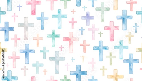 A cheerful, colorful pattern features numerous watercolor crosses in pastel shades on a white background.