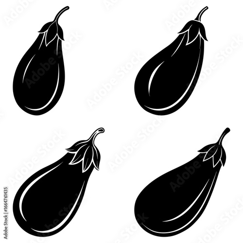 Four black and white stylized eggplant illustrations arranged on a white background in a square pattern