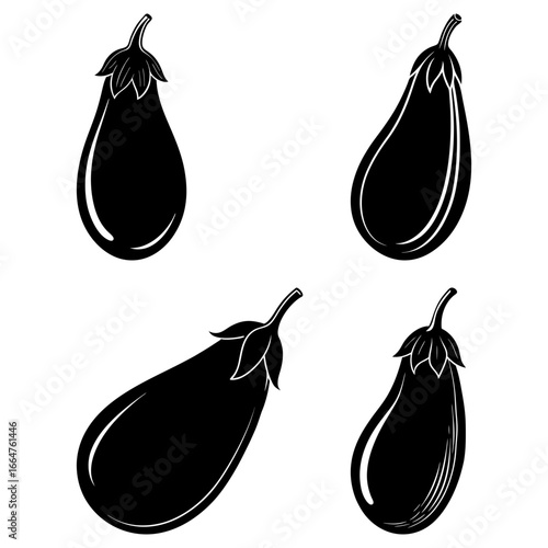 Four stylized black and white eggplants with leaves in various orientations on a white background art