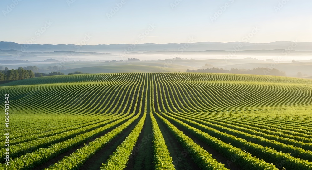 Fototapeta premium Wide-angle landscape photograph of rows of vibrant green grapevines extending to a misty valley under a bright, clear morning sky.