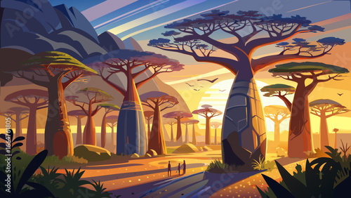 Exploring famous baobab trees in protected wildlife reserve, ancient giants rising proudly, sunlight draping branches, timeless guardians of land, harmony eternal, nature’s strength inspires awe, sere