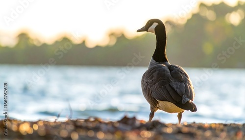 A Canada goose stands by a lake at sunset, silhouetted against the warm light