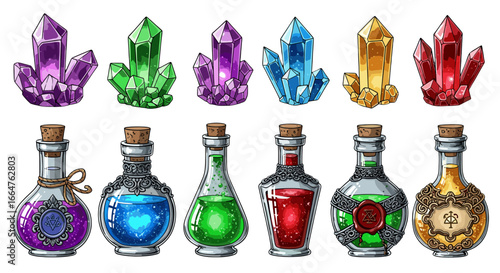 Collection of enchanting crystals and mystical potion bottles, perfect for fantasy-themed projects. Halloween theme