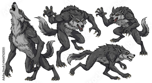 A stylized illustration of a werewolf in various poses, showcasing the creature's savage nature and transformation. Halloween theme
