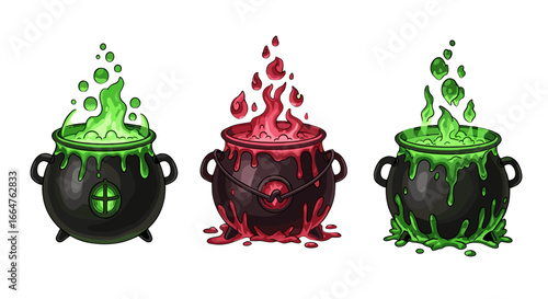 Three vibrant witch cauldrons overflowing with colorful bubbling concoctions, symbolizing magic and mystery. Halloween theme