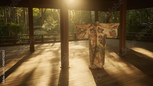 A japanese kimono stands in a serene, sundappled traditional pavilion