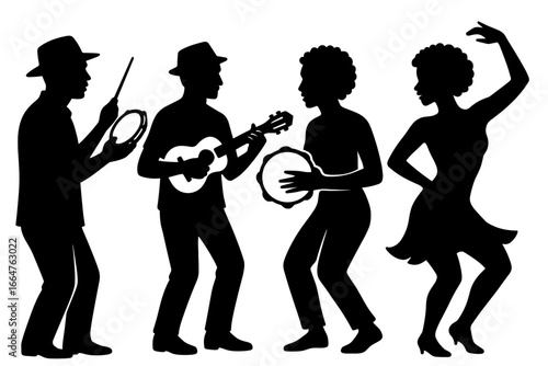 Silhouettes of musicians and a dancer engaged in a lively performance, creating a dynamic scene filled with rhythm and movement. It's a celebration of music and dance. Samba Brazil