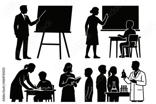 Black silhouette illustration of teachers in various classroom activities, highlighting education concepts and the learning process