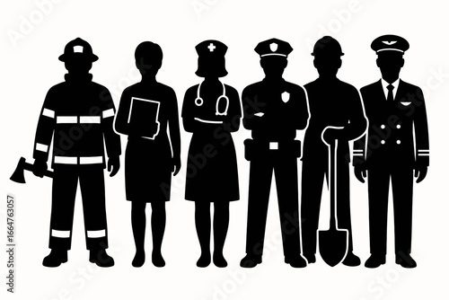 Silhouette of various professions standing together as a symbol of society's essential roles 