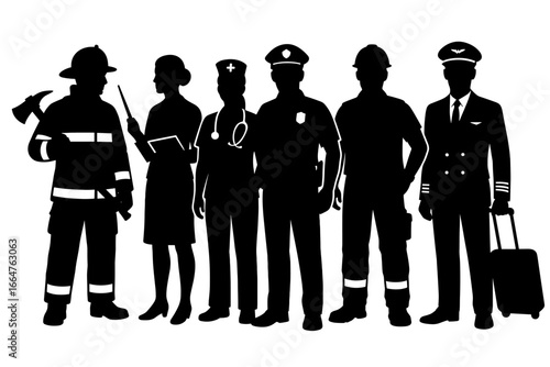 Silhouettes of essential workers, representing various professions, standing together