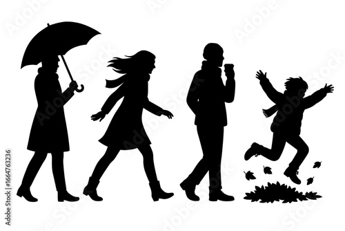 Silhouetted figures of a family walking together on a windy day, with an umbrella and playful movements. Each individual experiences the weather