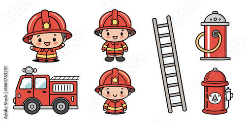 A cute cartoon illustration of a firefighter and fire truck with equipment