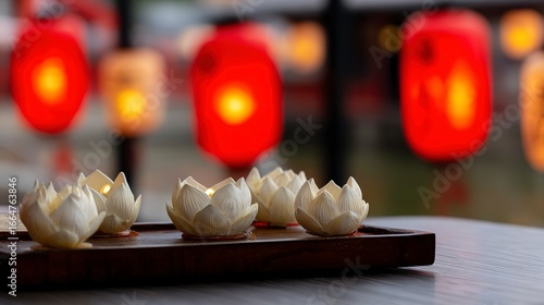 Lotus flowers are presented before blurred red lanterns at an asian temple